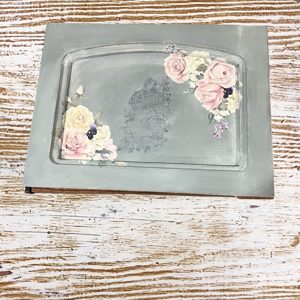 Vtg Cabinet Door Wall Hanging Boho Floral cottage country Gray Blue Bunny Rabbit